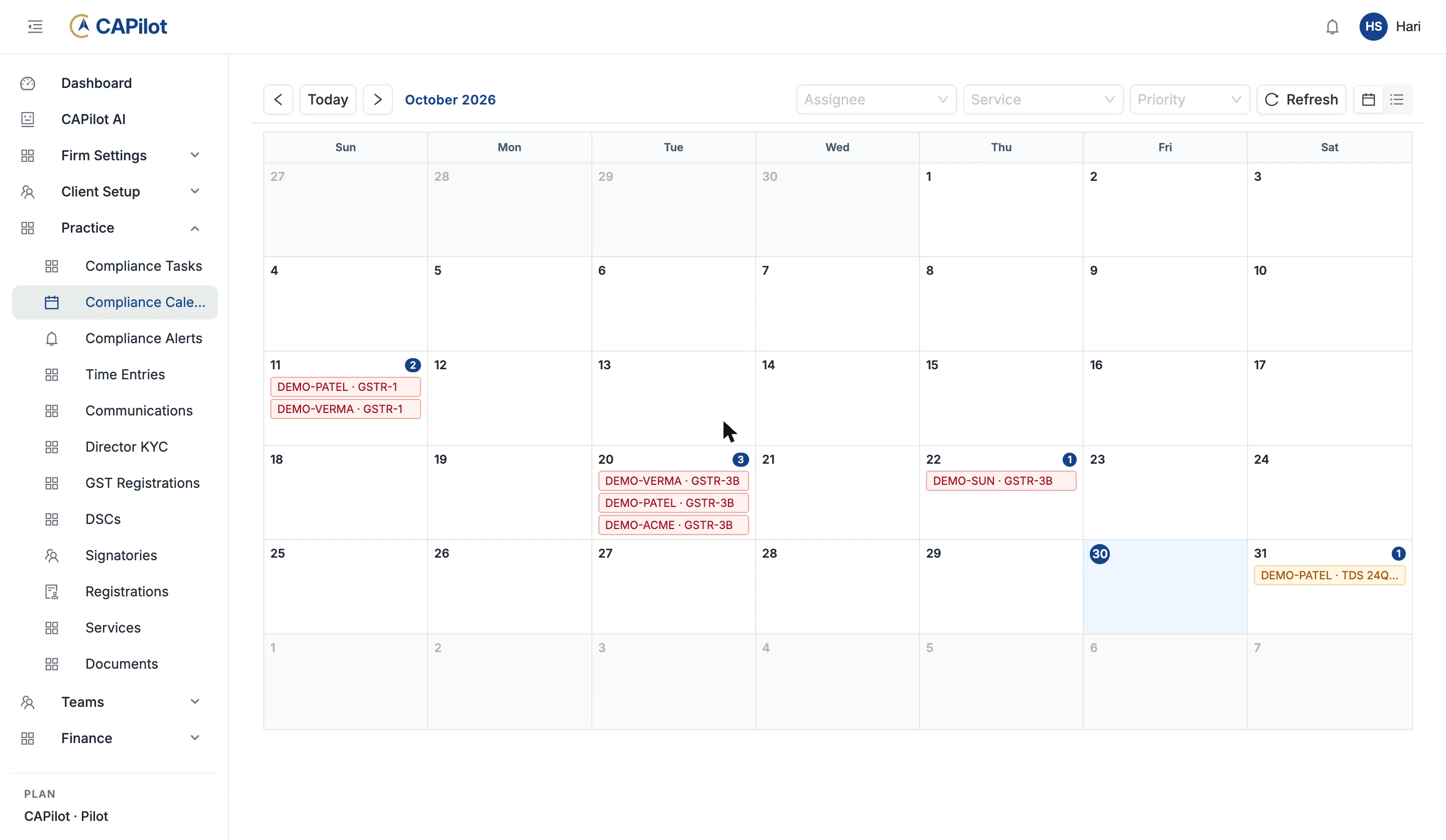 CAPilot compliance calendar for October with GSTR and TDS due dates by client